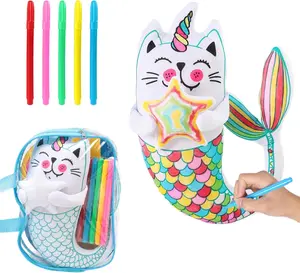 Fish Cat Coloring Plush Toy with 5 Washable Markers | DIY Doodle Stuffed Animals for Kids Ages 4-6 | Soft & Safe Stitch Stuff Toy | Creative Birthday Gift for Little Artists | Washable & Reusable (Meow-tastic Fun!)