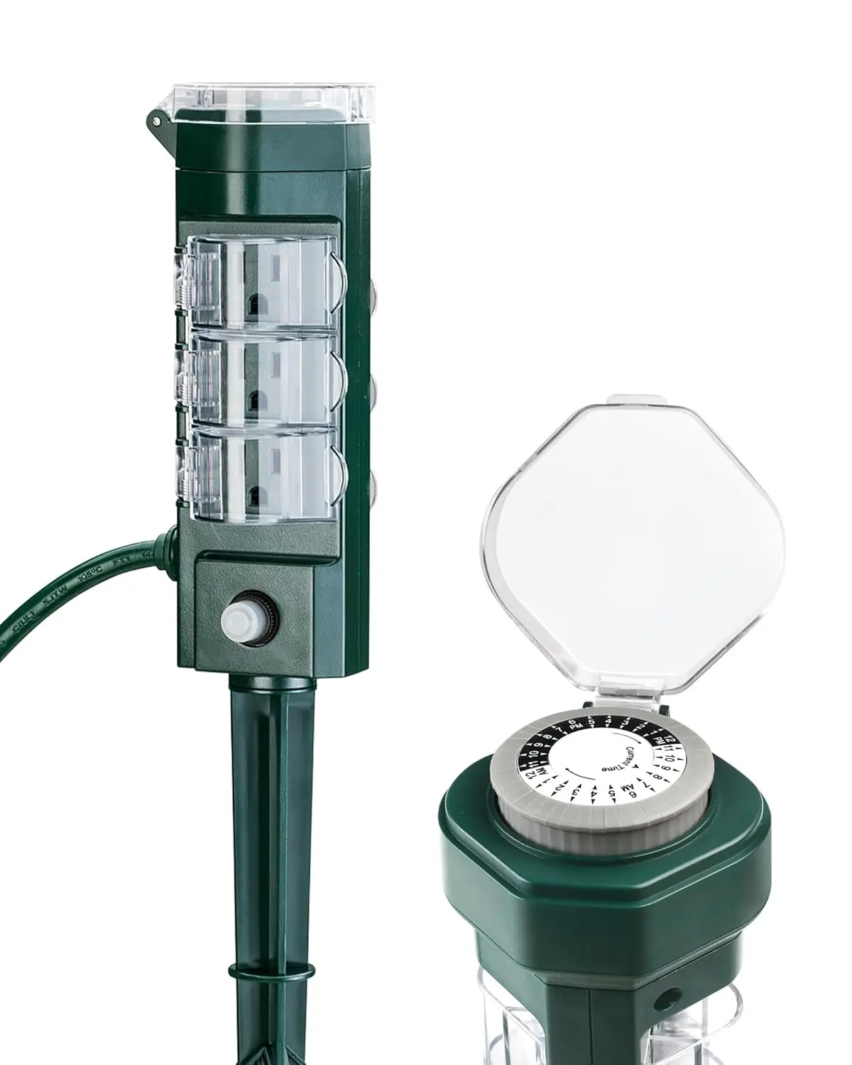 Mechanical Outdoor Timer - 24-Hour Programmable On/Off, 6 Outlets, 12-in Green Stake, 6 ft Extension Cord, IP44 Weather-Resistant, 125V 60Hz 1875W/15A, Easy to Use for Holiday Decorations, Controlling Outdoor Lights, Balconies
