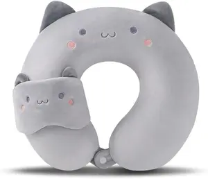Kids Neck Pillow for Travel with Sleep Eye Mask, Cute Travel Neck Pillow, Memory Foam Flight Sleeping Headrest Pillow for Boys & Girls, Airplane, Train, Car, Home Use - Grey Cat MissSoul