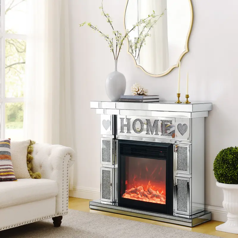 Freestanding Acrylic Diamond Glass TV Fireplace Cabinet with 3D Realistic LED Flames, LED Lighting, Energy Saving, 46.00 x 12.60 x 41.00 in Decorative Cupboard for Living Room, Indoor Use, Decorative Fireplace