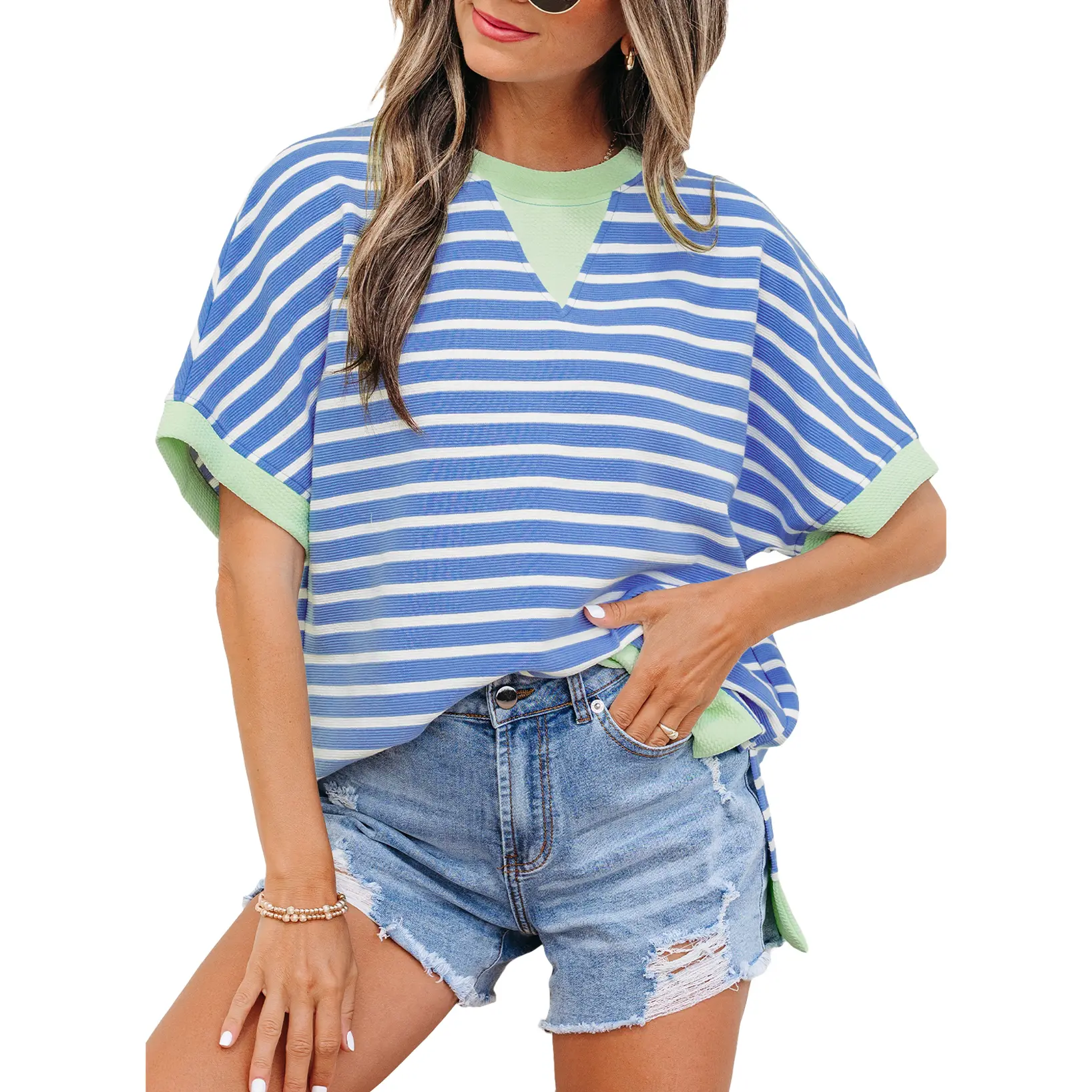 Women's Summer Recycled Poly Striped Soft Round Neck Batwing Short-Sleeve Patchwork High-Low Hem Slit Loose Fit Casual Top with Contrast Mint Green Trim