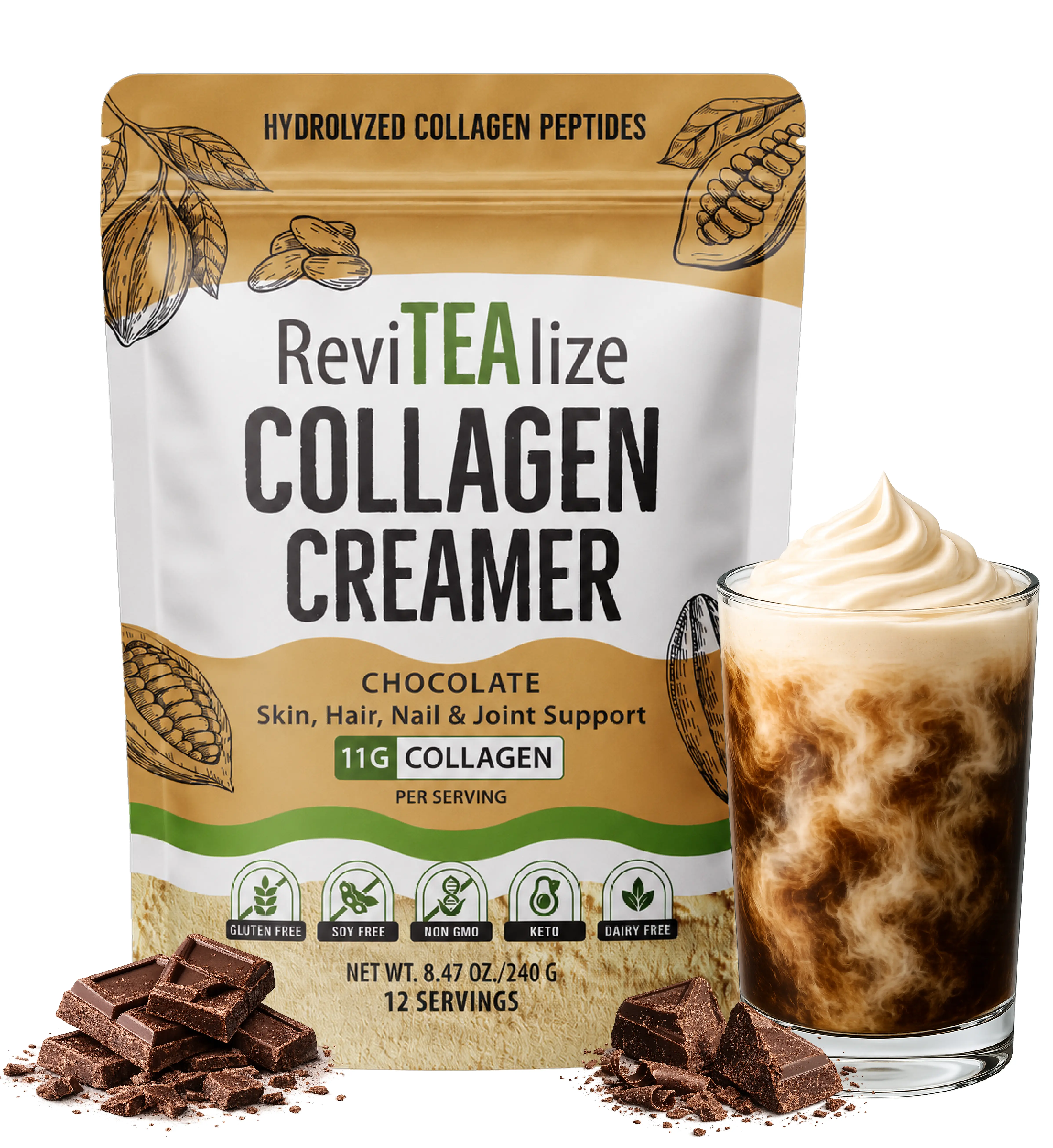 ReviTEAlize Collagen Creamer for Coffee or Tea - Chocolate Flavor - 11g Protein Per Serving - Grass Fed Bovine Collagen Peptides with MCT Oil - Gluten Free, Dairy Free, Sugar Free - Hair, Skin, Nails & Joint Support