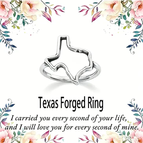 Women's Dainty Texas Custom-Shaped 925 Silver-Coated Copper Ring, Unique Accents Rings for Adults, Lightweight Shared Gifting Valentine’s Day Gift, Sizes 6-10
