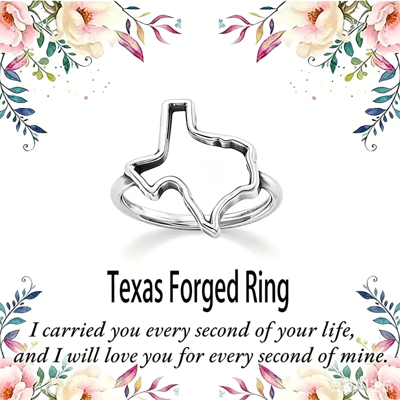 Women's Dainty Texas Custom-Shaped 925 Silver-Coated Copper Ring, Unique Accents Rings for Adults, Lightweight Shared Gifting Valentine’s Day Gift, Sizes 6-10
