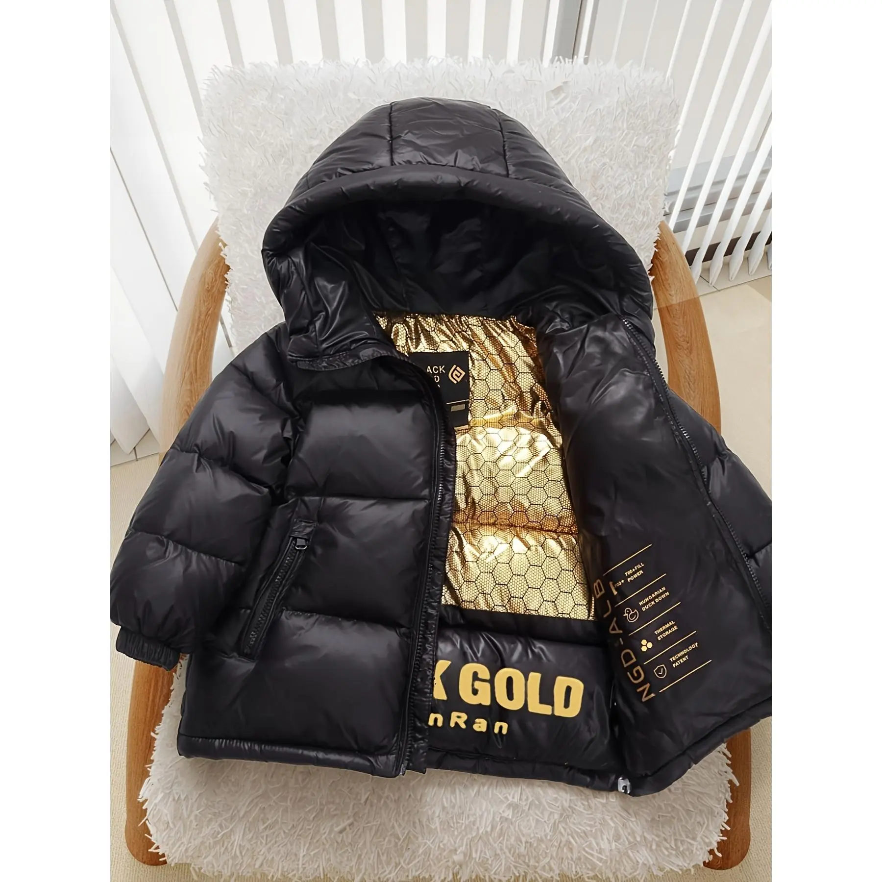 Girls' Black & Golden Hooded Jacket with Honeycomb Pattern - Thickened Winter Coat for Ages 3-12, Zipper Front, Polyester-Filled Lining, Casual Warm Outerwear