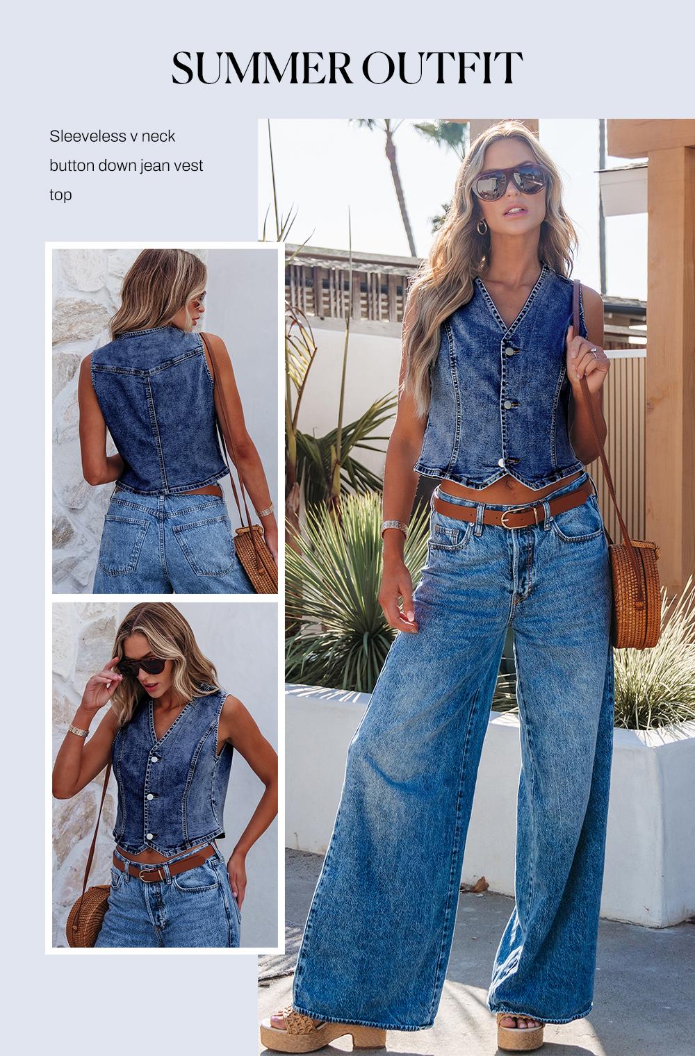 Sidefeel Women's Denim Vest Sleeveless V Neck Zimbaplatinum Jean Vest Top Button Down Crop Waistcoat Vest Summer Outfit SpringStatements
