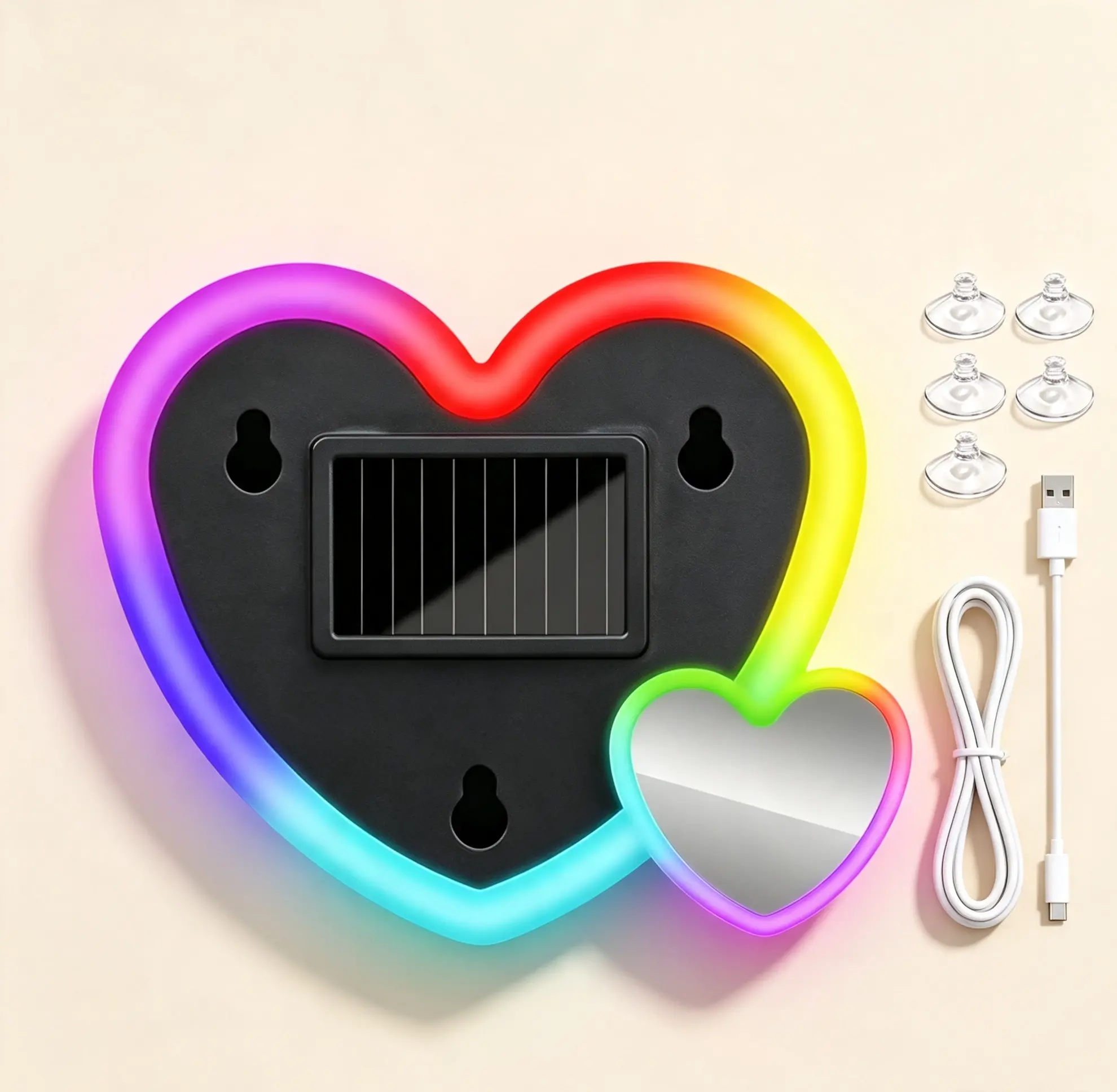 Solar Powered Heart Shaped Car Window Light Rechargeable LED Ambient Lamp with Suction Cups Multiple Modes Romantic Atmosphere Decor for Car Interior