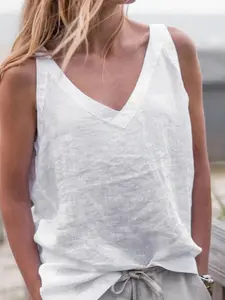 French Lazy Linen V-Neck Sleeveless T-Shirt, Casual Loose Fit Slimming Breathable Top, Daily Commute, Date, Travel, Street Style