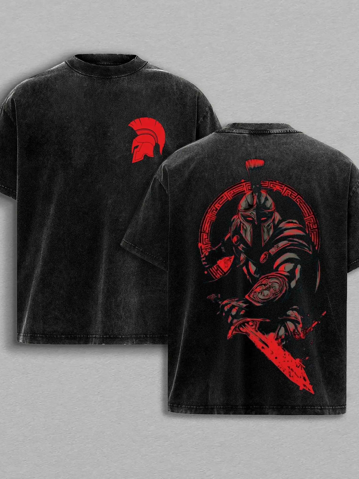 Vintage Washed Spartan Warrior Graphic T-Shirt – Heavyweight Oversized Streetwear Tee