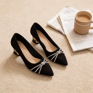 Ladies' high heels. Velvet material exudes soft matte texture, toe rhinestone lines add exquisite details. Irregular metal block heel boosts height & style, pointed toe slims foot lines, ideal for work & events, versatile textured staple