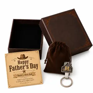 Western Initial Keychain Clip for Dad, Custom A-Z Letter Cow Tag Key Holder, Father’s Day Gift Set with Box & Bull Head Keychain