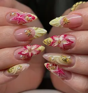 Aura Nails - 3D Orchid Beach Press On Nails, Summer Yellow & Pink Flower Fake Nails with