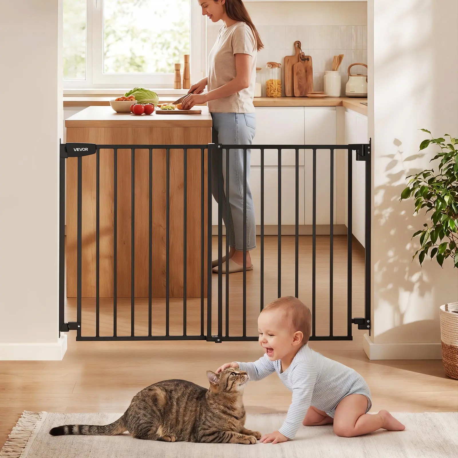 VEVOR Gate for Stairs, 31-48 in Adjustable Width, 30 in High Dog Gate, No Bottom Bar, One-Handed Operation, Easy Drilling Installation with Hardware Kit, for Stairs, Doorways, and House, Black#BacktoSchool