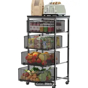 4-Tier Kitchen Storage Cart - Fruit Vegetable Storage Cart with Drawers, Wooden Top Metal Wire Kitchen Organizer And Storage Cart with Wheels to Storage Onions Potatoes Cans Snacks for Kitchen