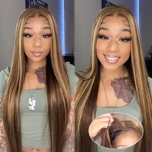Glueless Highlight Wig Human Hair Ready To Wear Brazilian Ombre Honey Blonde Colored Straight 6x4 HD Lace Closure Wigs Human Hair For Women Pre Plucked 180%