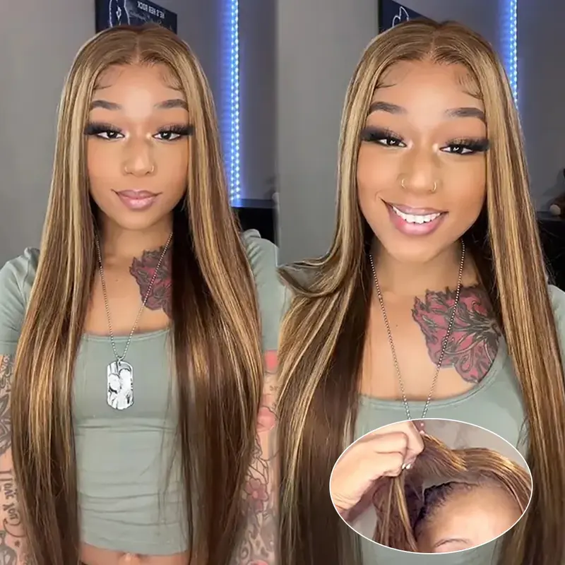 CORIIANA Highlight Glueless Wigs Human Hair Ready To Wear Brazilian Ombre 4/27 Colored Straight 6x4 HD Lace Closure Wig Human Hair For Women Pre Plucked Beginner Friendly 180%
