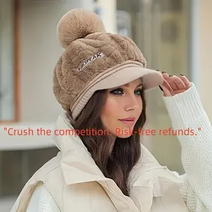 Women's Warm Plush Fabric Beret Hat - Thick Acrylic Knit, Pom-Pom Accent, Visor Design, Stretch Fit, Packable Soft Plush Hat for Fall-Winter Fashion Accessory, Plush Fabric Hats, Soft Plush Hats
