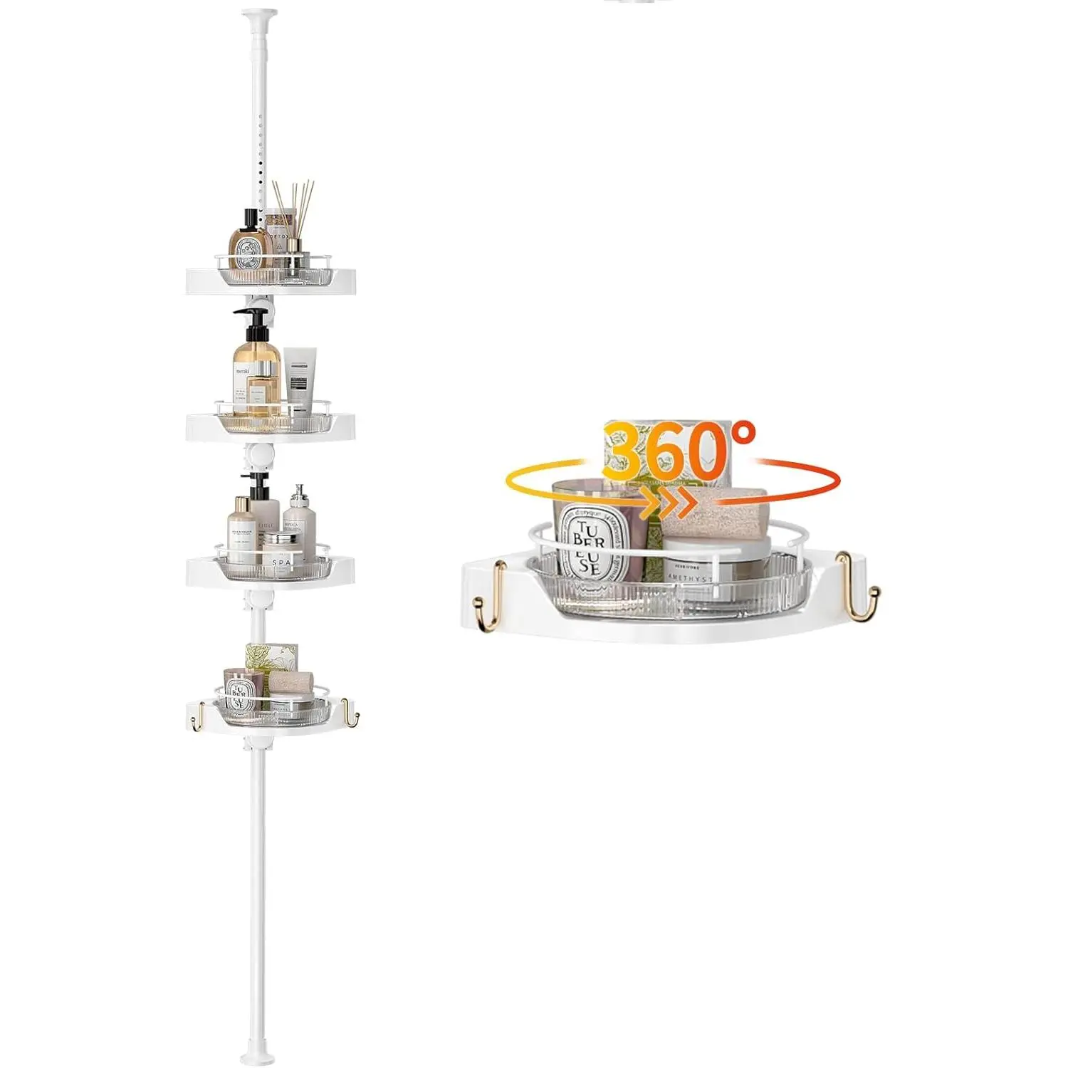 Tension Pole Shower  with 4 L-Lazy Susan Organizer 360 Rotating 35-128 Inch No Drilling Floor Standing Shelves Adjustable Shower Rack for Bathroom Corner (White)
