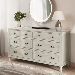 RoyalCraft  6 Drawer Dresser, 58" Wide Chest of Drawers with Large Metal Handle, Modern Wood Drawer Organizer for Bedroom, Living Room, Hallway, Closet, Light Grey