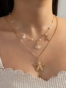 Boho Style Starfish Shell Pearl Layered Necklace, Dainty Boho Necklace, Unique Design Beach Accessory, Trendy Fashion Jewelry for Women, Dainty Chain