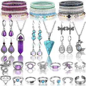 Boho  for Women Western  Sets Pendant Necklace, Earrings, Stackable Beaded Bracelets, Rings for Women  Anniversary Birthday Gifts