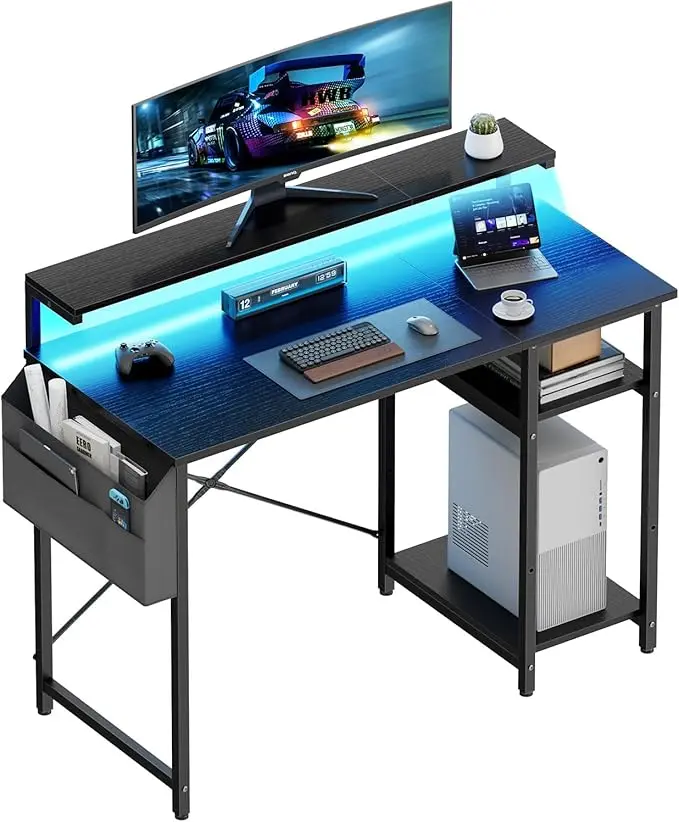 HLDIRECT 40-Inch Heavy Duty Gaming Desk with LED Lights, Ergonomic Sit-Stand Adjustable Monitor Mount, Side Storage Shelves, Storage Bag, Home Office Writing Study Table for Man Cave Furniture & Gamer Stuff