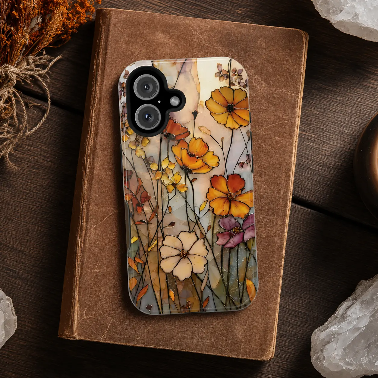 Fall Wildflowers Magsafe Tough Phone Case, Floral Stained Glass PRINTED Design, Autumnal Protective Covers for iPhone 17, 16, 15, 14, 13, 12, 11 & Samsung Galaxy S26, S25, S24, S23