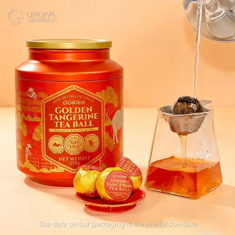 Golden Tangerine Puer Tea Ball 250g 20-25pcs,1 Tea Ball Can Make 400oz Tea Limited Edition First Pick Xinhui Tangerine With High Quality Pure Produced Only Once Every 4 Year