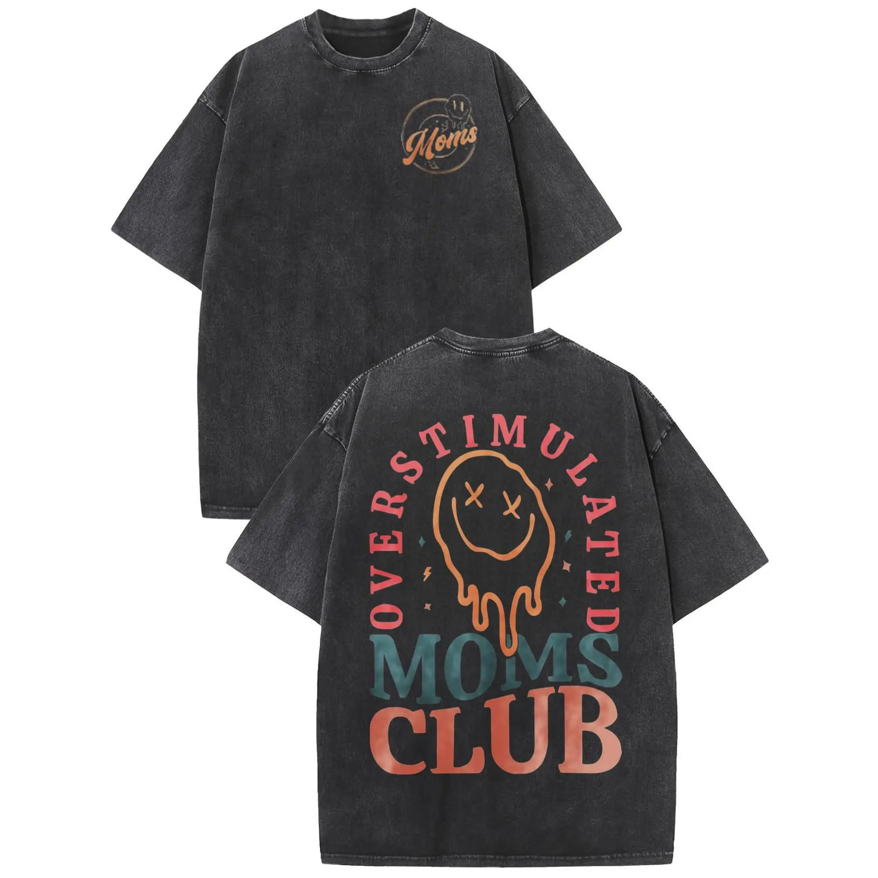 Vintage Graphic T-Shirt for Women, 'Overstimulated Moms Club', Super Soft Washed Cotton, Oversized Short Sleeve Streetwear, Tshirt, Top, Casual Tshirt Shirt, Oversized Fit, Loose Cut, Round Neck, Shortsleeve, All Seasons, Pure Cotton T-Shirts