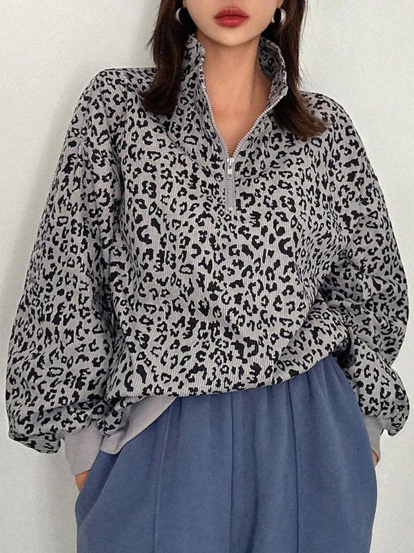 Women Casual Zip Up Front Corduroy Long Sleeve Leopard Print Sweatshirt,Fall Clothes