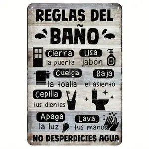 Vintage Spanish Bathroom Rules Alloy Plaque-Signs, 8x12in Rustic Farmhouse Decor, Functional Pre-Drilled Hanging Art, Home Bathroom Supplies, Ideal Gift,summervibes