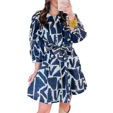 Mntaor Women's Chic Structured Blue Abstract Geometric Print Dress - Zip Front, Tie Waist, Flattering Shift Silhouette,  Ideal for Office Casual, Business Brunch