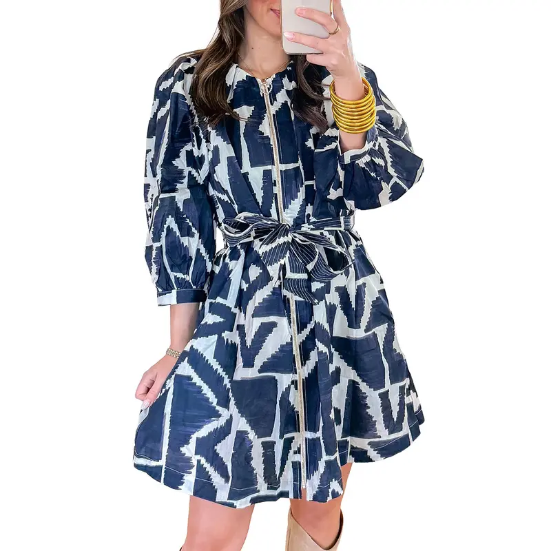 Mntaor Women's Chic Structured Blue Abstract Geometric Print Dress - Zip Front, Tie Waist, Flattering Shift Silhouette,  Ideal for Office Casual, Business Brunch