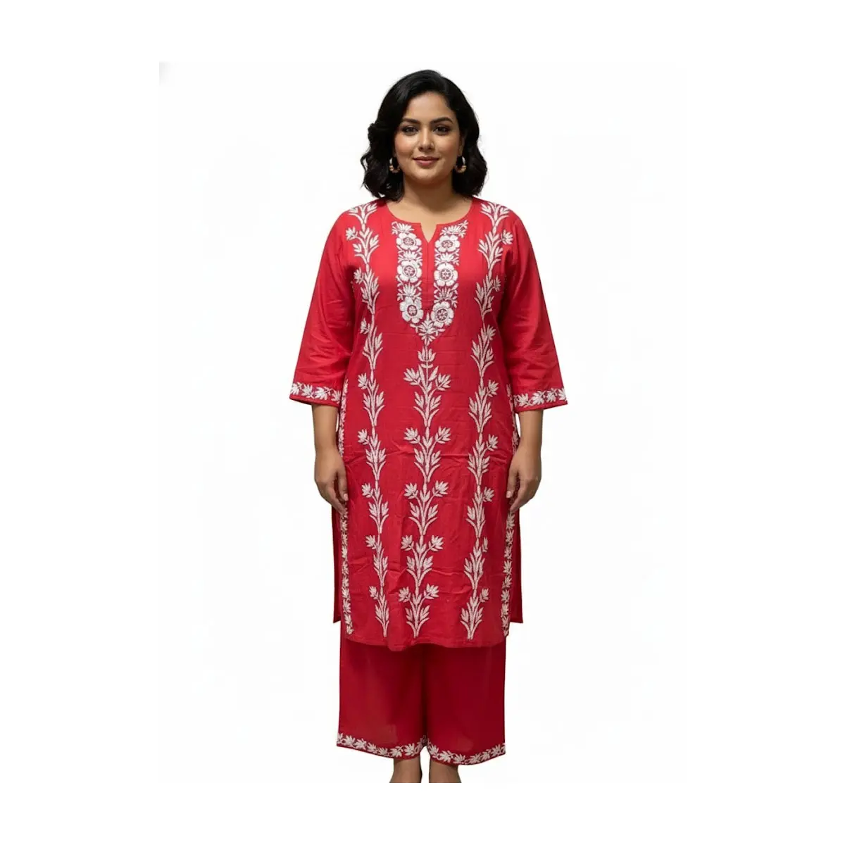#LKH-15 Elegant Crimson Red Chikankari Embroidered Kurta Palazzo Set – Handcrafted Ethnic Wear