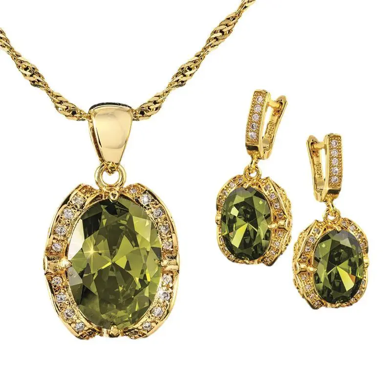Olive Green Zirconia Jewelry Set, 18K Gold Plated Necklace and Earrings, Sterling Silver Chain Jewelry Gifts ，Necklaces for Women