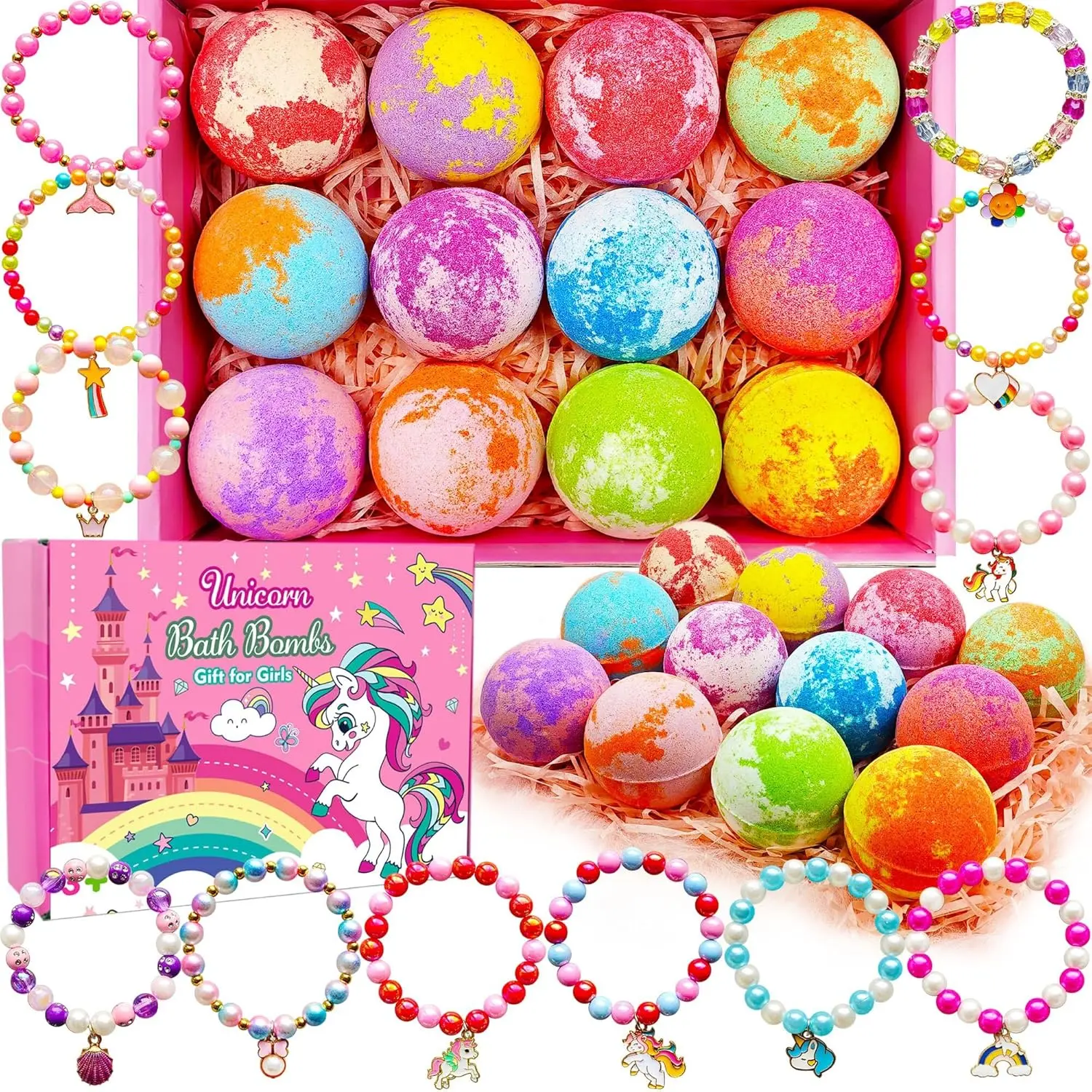 P-TBT031 Scented Bright Luxury Unicorn Bath Bombs - Organic Lavender & Watermelon Aroma Bubble Fizzers with Surprise Jewelry, Toys Inside, 3-8 Years Old Kids Easter/Valentine's Day Birthday Gift for Body Care (Pool & Water Toy)