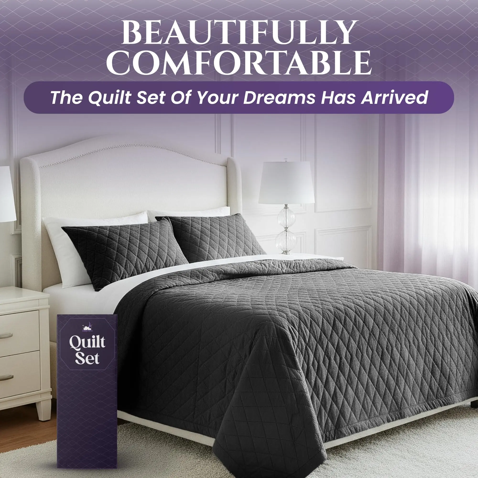 Sleephoria Quilt Set with Pillow Shams - Reversible Diamond Stitch Bedspread, Lightweight All Season Quilted Coverlet, Soft Microfiber, Machine Washable