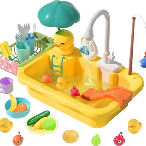 CUTE STONE Play Sink with Running Water, Pretend Play Kitchen Sink with Upgraded Electric Faucet, Realistic play set learning cookingset Plastic Toy Outdoorfun Fun Cleaning Playset, Toddler Play Kitchen