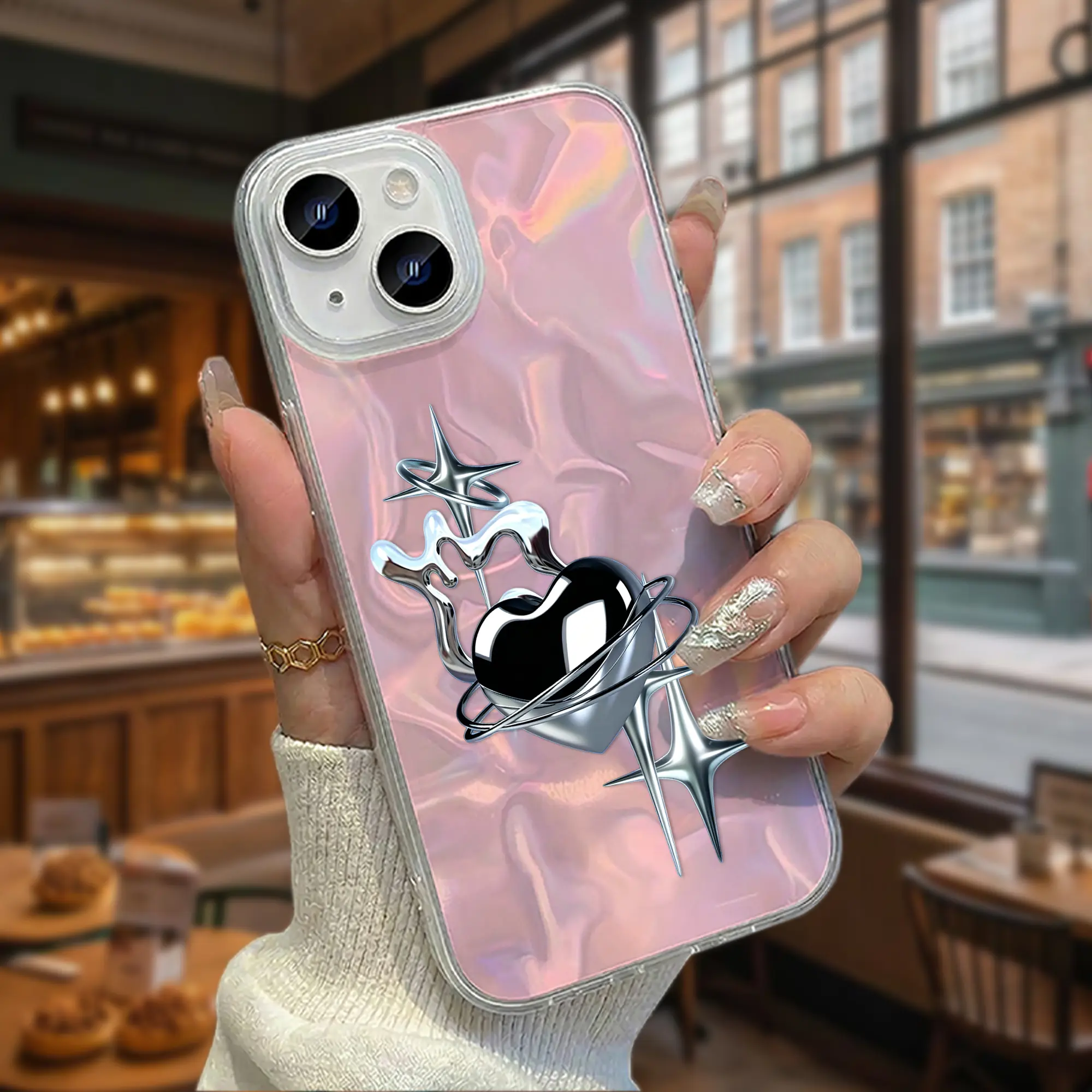 Y2K Liquid Metal Heart Phone Case | Water Ripple Holographic Cover | Shockproof TPU+PC [1pcs]