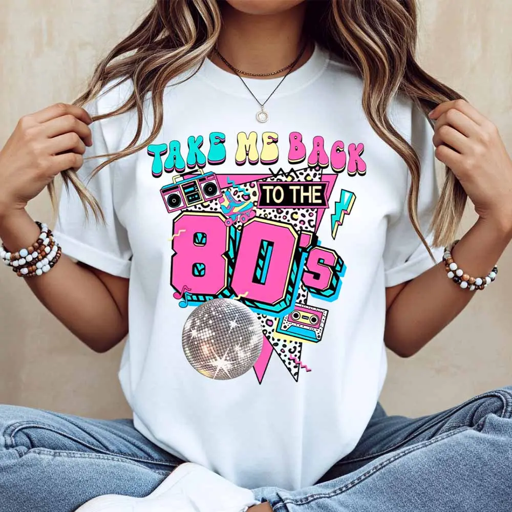 Take Me Back To The 80s Graphic Print T-Shirt Women Casual Loose Fit Short Sleeve Top Retro Party Shirt 80s Theme Fashion Tees