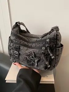 Trendy and fashionable texture large capacity underarm bag, casual and versatile retro personality single shoulder crossbody bag, decorated with pentagram embellishment, multi zipper pocket design, adjustable shoulder strap, Fashionable Bags
