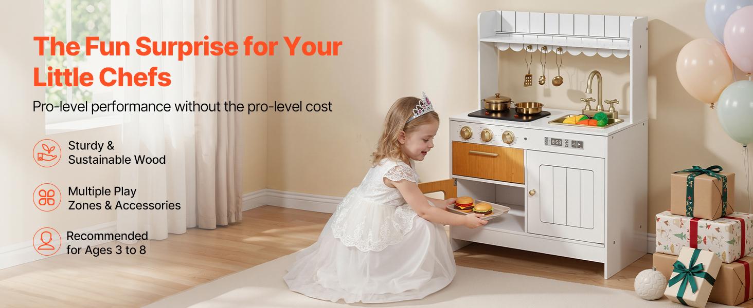 VEVOR Play Kitchen for Kids, Wooden, Kids Kitchen Playset with Real Lights & Sounds, Food & Cookware Accessories, Pretend Play Toy Set, Sink, Oven, Stove, Cabinet, for Toddlers, Girls & Boys Ages 3-8