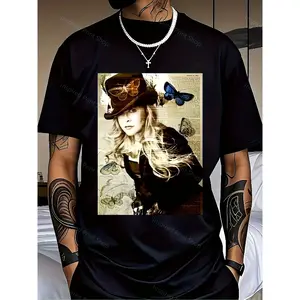 Vintage Stevie Nicks Butterfly Newspaper Graphic T-Shirt - Fleetwood Mac 70s Rock Witchy Bohemian Vibe, Relaxed Fit Men's Tee with Flannel Accents, Leather Details, Cargo-Inspired Design