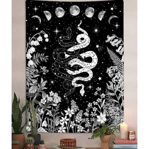 Witchy Snake Vertical Tapestry, Trippy Black and White Floral Moon Phase Cool Tarot Tapestry Wall Hanging for Bedroom Aesthetic, Nature Tapestries Poster Blanket College Dorm Decor (40X60)