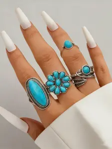 5 Pcs Bohemian Turquoise Ring Set for Women, Vintage Gold Leaf Flower Stackable Rings, Ethnic Style Unique Jewelry