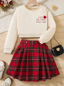Ready Stock Big Girls Kid Girls Skirts Sets Letter Print Long Sleeve Tops Plaid Pleated Skirts Spring Autumn 2Pcs Clothing From 8Y-12Y Black 234T760