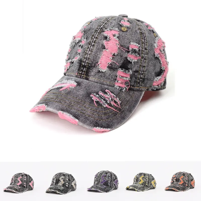 Washed denim baseball cap with cool distressed details; comfortable sun-protection cap for outdoor activities; a hat for friends and couples; everyday comfortable, trendy casual cap.