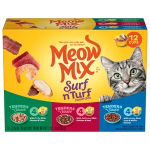Meow Mix Tenders in Sauce, Surf N′ Turf Favorites Variety Pack, Wet Cat Food, 2.75 oz Cup, 12 Pack