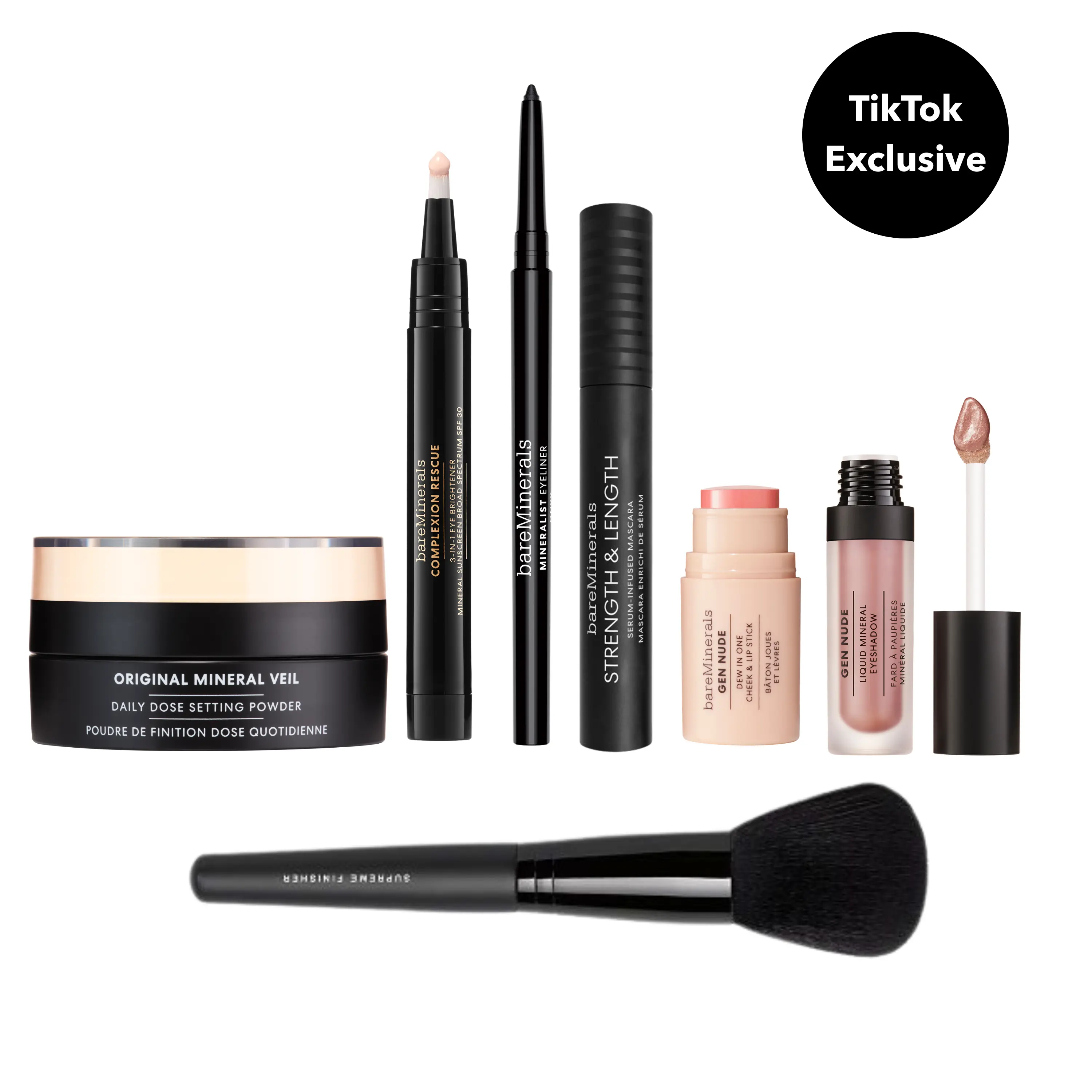 Full Face Mineral Bundle: 7-piece set, Complexion Rescue 3-in-1 Eye Brightener + Gen Nude Cheek and Lip Stick + Liquid Mineral Eyeshadow + Eyeliner + Strength and Length Mascara + Mineral Veil Daily Dose Setting Powder + Supreme Finisher Brush
