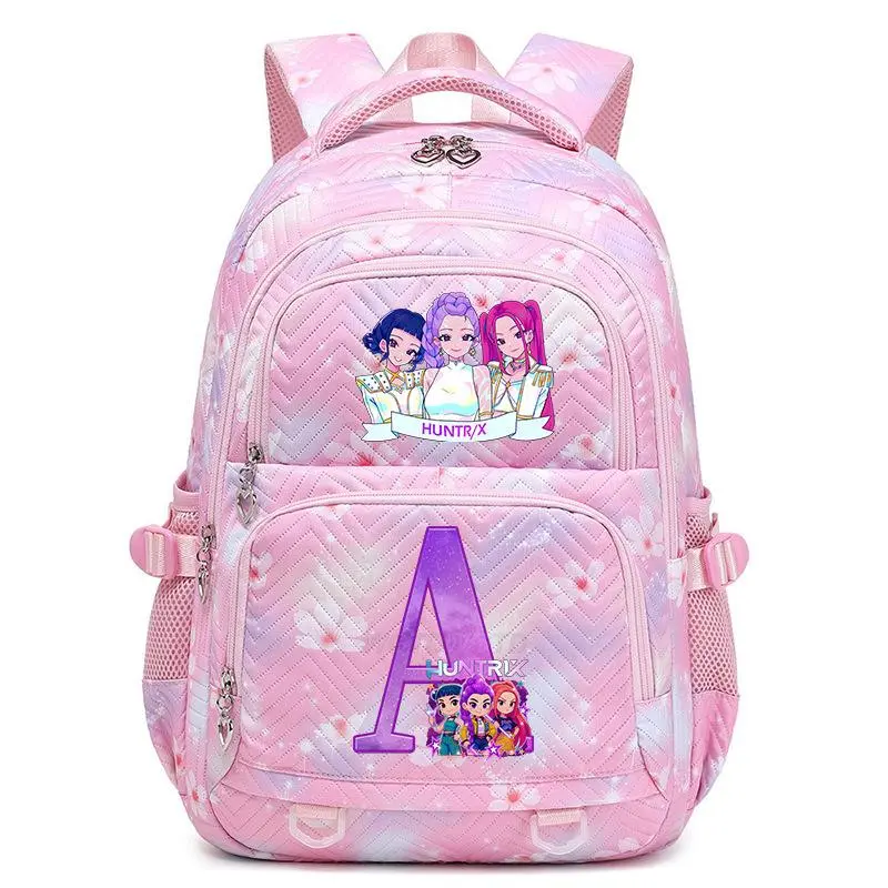 Custom A‑Z Alphabet Letter Printed School Backpack, Pink Floral Chevron‑Quilted KPOP Anime Character Rucksack, Lightweight 17‑inch Casual Travel Daypack for Young Girls